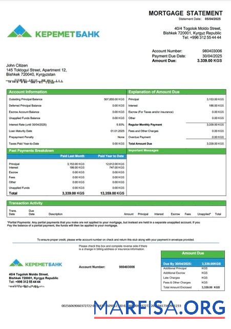 Realistic Kyrgyzstan Keremetbank mortgage statement Word and PDF template